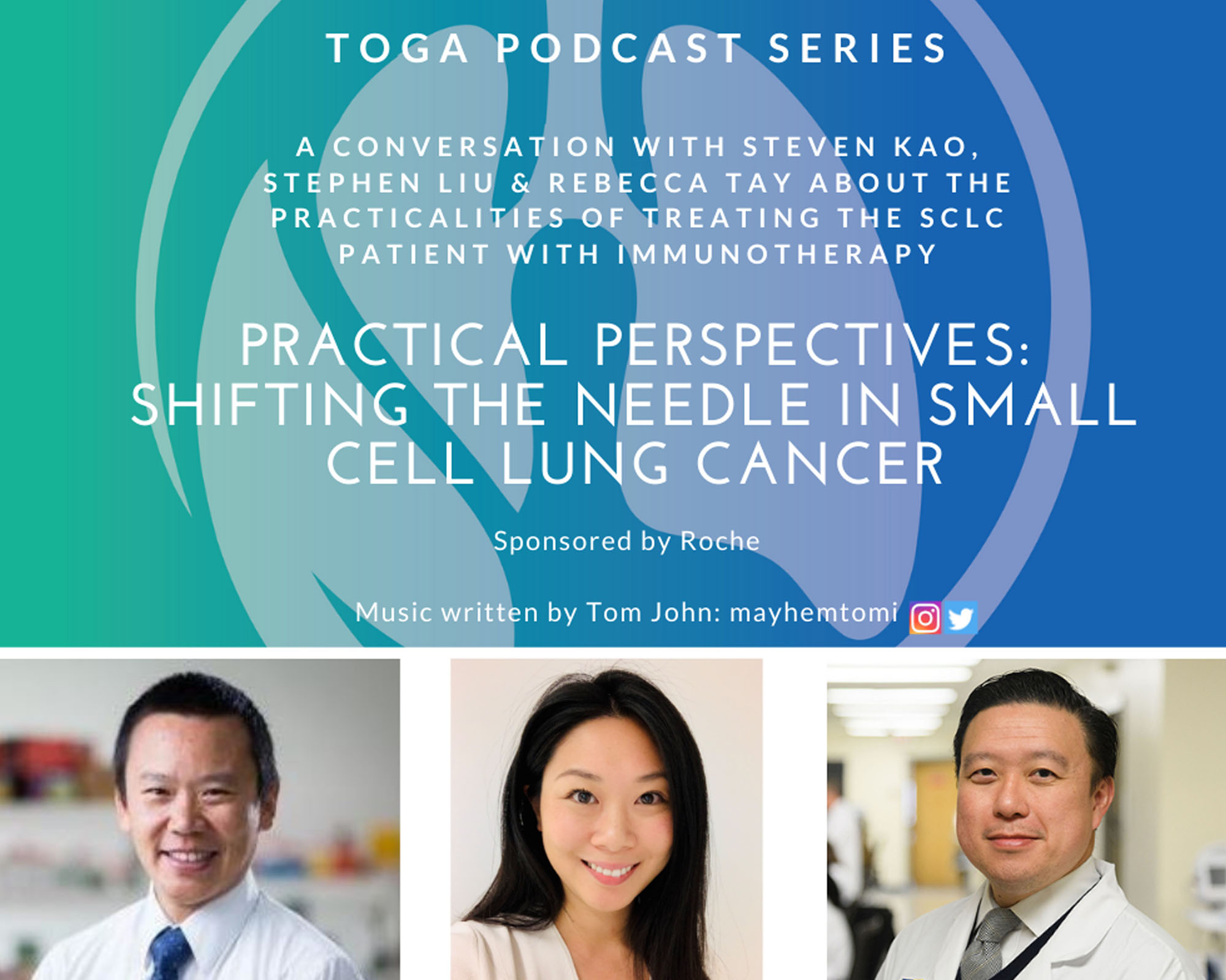 TOGA podcast logo and headshot photos of an Asian clean shaven male with short black hair wearing a shirt and tie, an Asian female doctor with long black straight hair and another Asian male wearing a lab coat with a stethoscope around his neck.