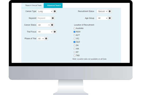 Computer screen with Australian Cancer Trials Advanced Search 