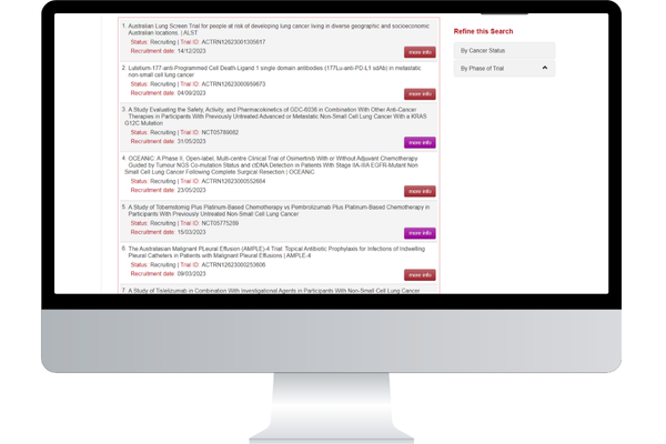 Computer screen with search results for lung cancer trials